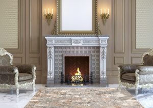A classic interior with wood paneling and fireplace. 3d render.