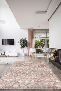 Rug on hardwood floor in a stylish, open space living room inter