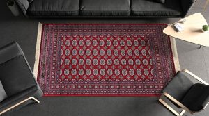 Blank black rectangular interior carpet in room mockup, top view