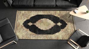 Blank black rectangular interior carpet in room mockup, top view