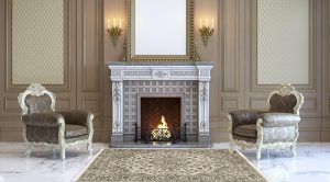A classic interior with wood paneling and fireplace. 3d render.
