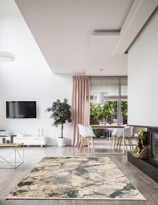 Rug on hardwood floor in a stylish, open space living room inter