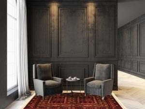 Armchairs and coffee table in classic black interior. 3D render interior mock up.