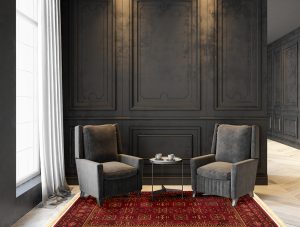 Armchairs and coffee table in classic black interior. 3D render interior mock up.