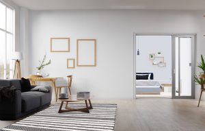 Interior poster mock up living room with colorful white sofa . 3D rendering.